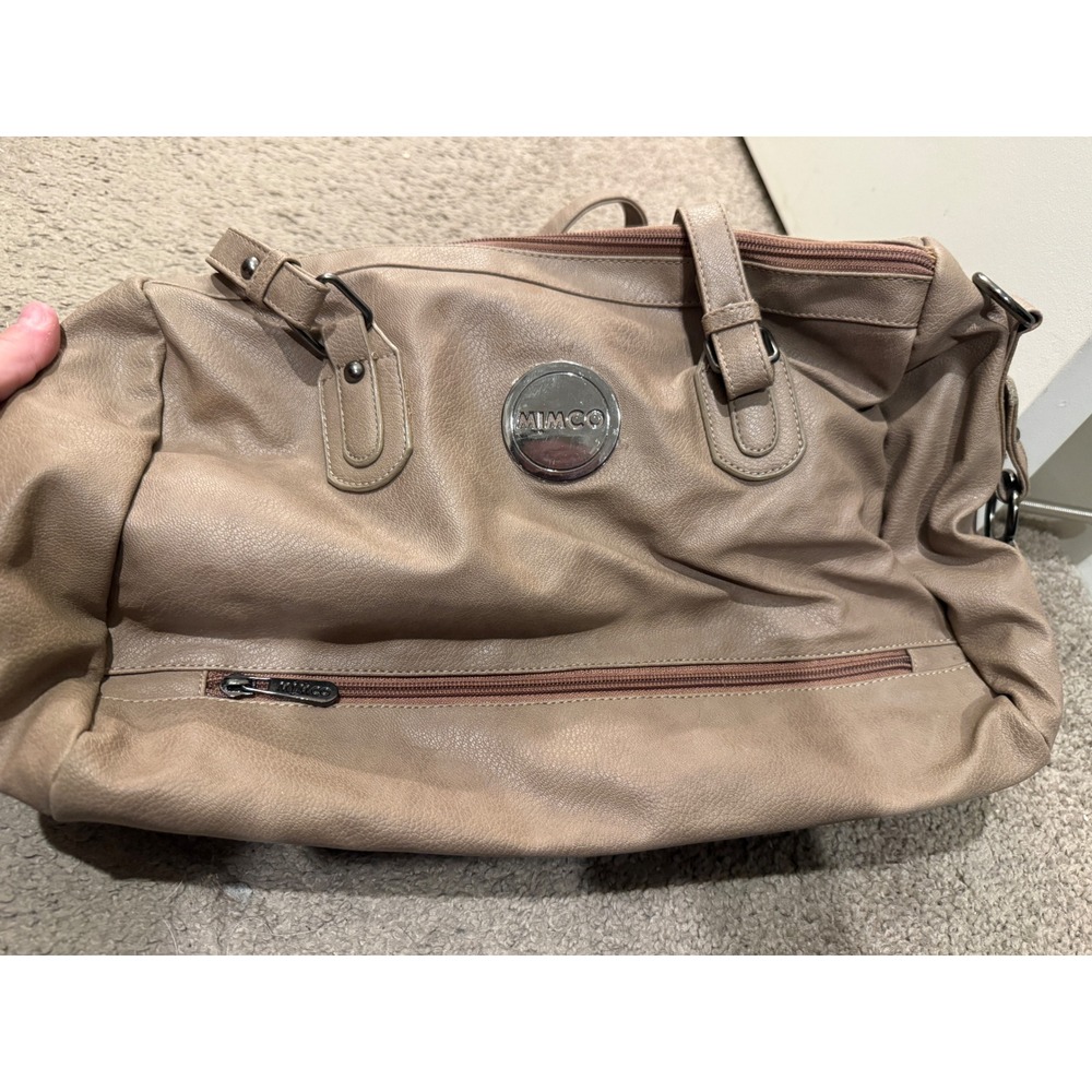 Mimco Taupe Faux Leather Shoulder Bag Silver Logo Plate Tote Bag